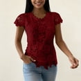 thumbnail image 6 of Lenago Wonens Tops Tops Women Tops Wimens Tops Ladies' Casual And Fashionable Round Neck Lace Petal Short Sleeved Top Wine XXL, 6 of 6