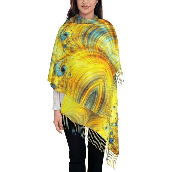 Women's Fashion Tassel Scarf, Golden Abstract Texture Long Shawl, Lightweight and Warm