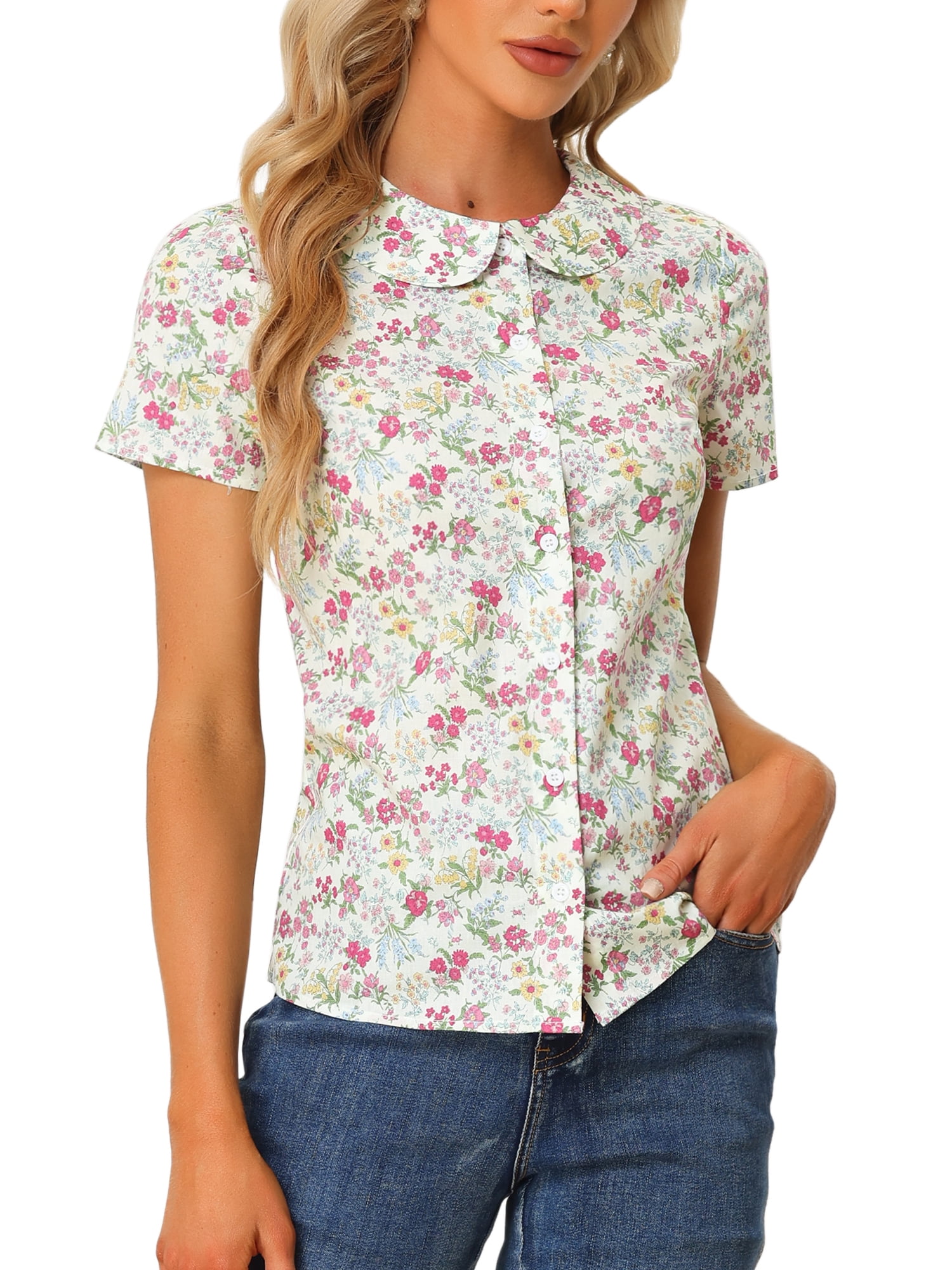 DARING DIVA Women's Retro Peter Pan Collar Button Front Blouse XL Cream White