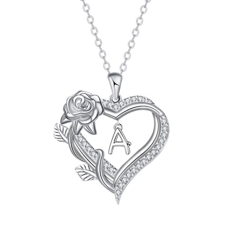 Rose Heart Initial Pendant Necklace, 26 Alphabet Letter Dainty Heart Rose Jewelry, Name Letter Necklace Personalized Gift for Women Girlfriend Daughter