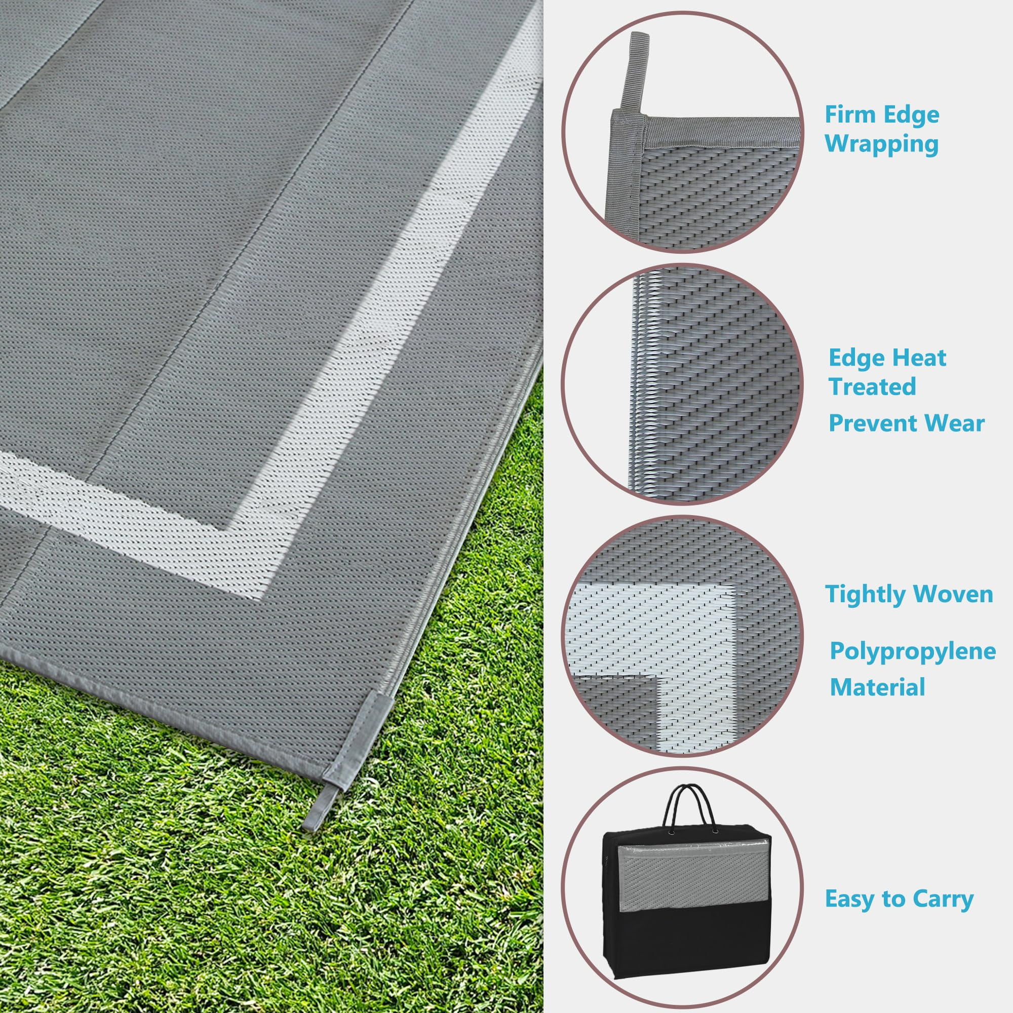 Bibana 9ft x 12ft Outdoor Rug, Reversible Waterproof Plastic Straw Mat for Patio, Deck, RV, Porch, Balcony & Backyard, Indoor/Outdoor Floor Carpet (Gray)
