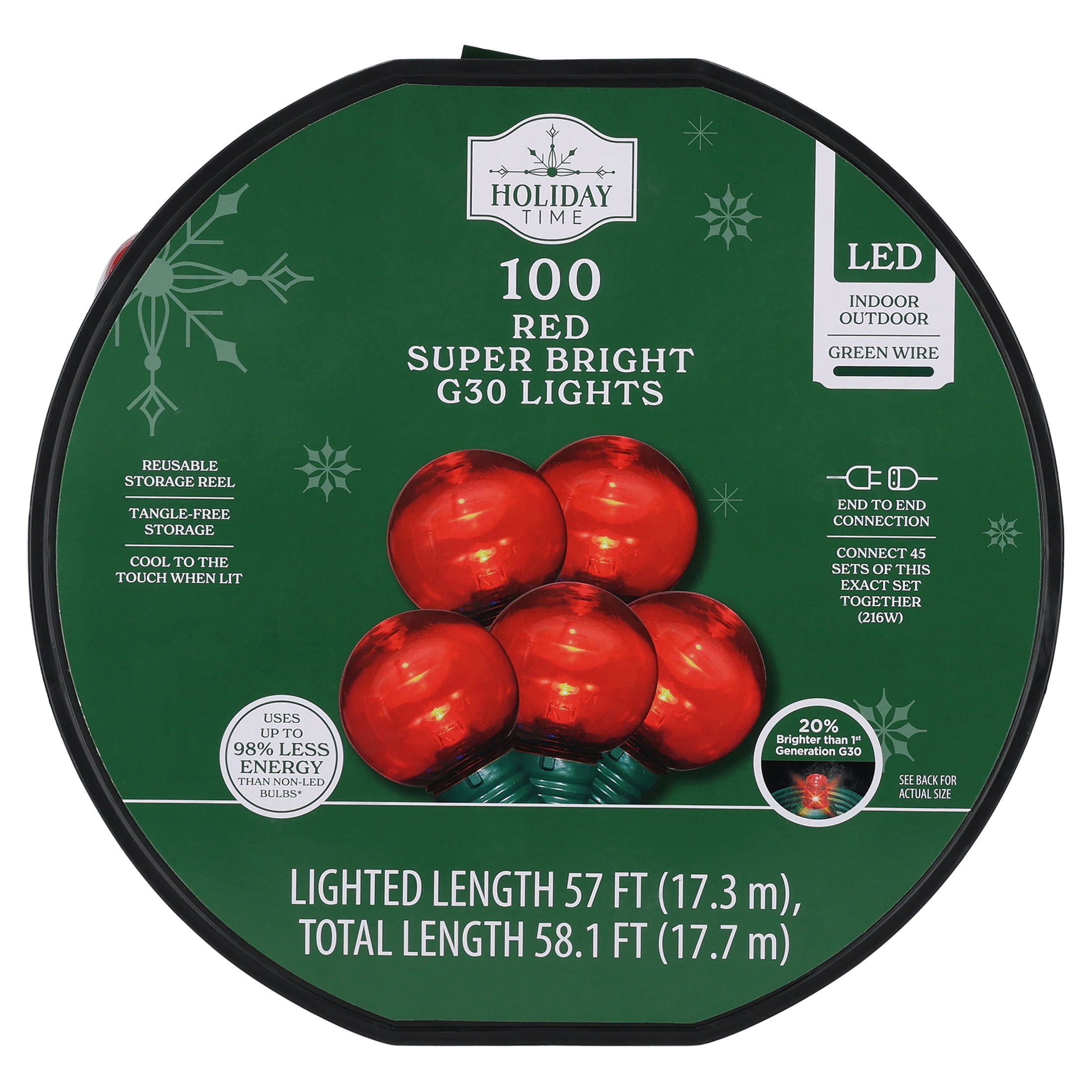 Indoor/Outdoor 100-Count LED Super Bright G30 Christmas String Lights, Red, Green Wire, 57', by Holiday Time