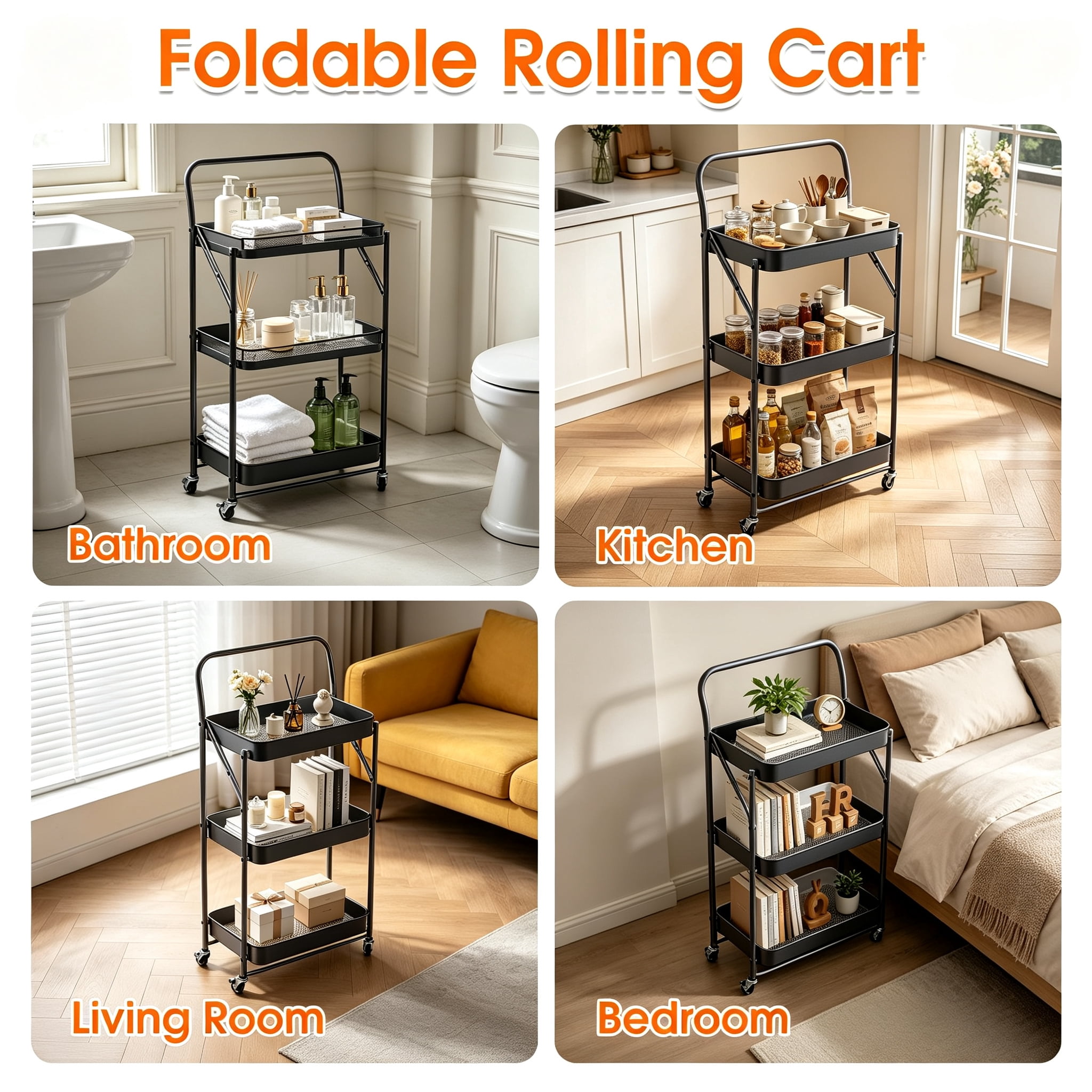 GARITIN 3 Tier Folding Rolling Cart, Folding Utility Cart with Lockable Wheels and Handle, Mobile Foldable Storage Cart Organizer for Kitchen, Bathroom, Office, Living Room, Black