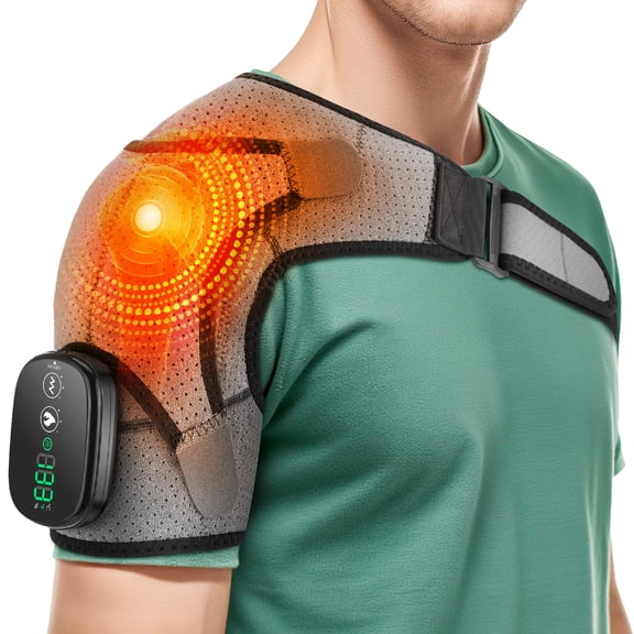 Cordless Heated Shoulder Massager, Shoulder Heating Pad with 3 Vibration and 3 Heat, 5000mAh Heated Shoulder Wrap Brace with Extension Strap for Relief Deep Tissue, Both Shoulders