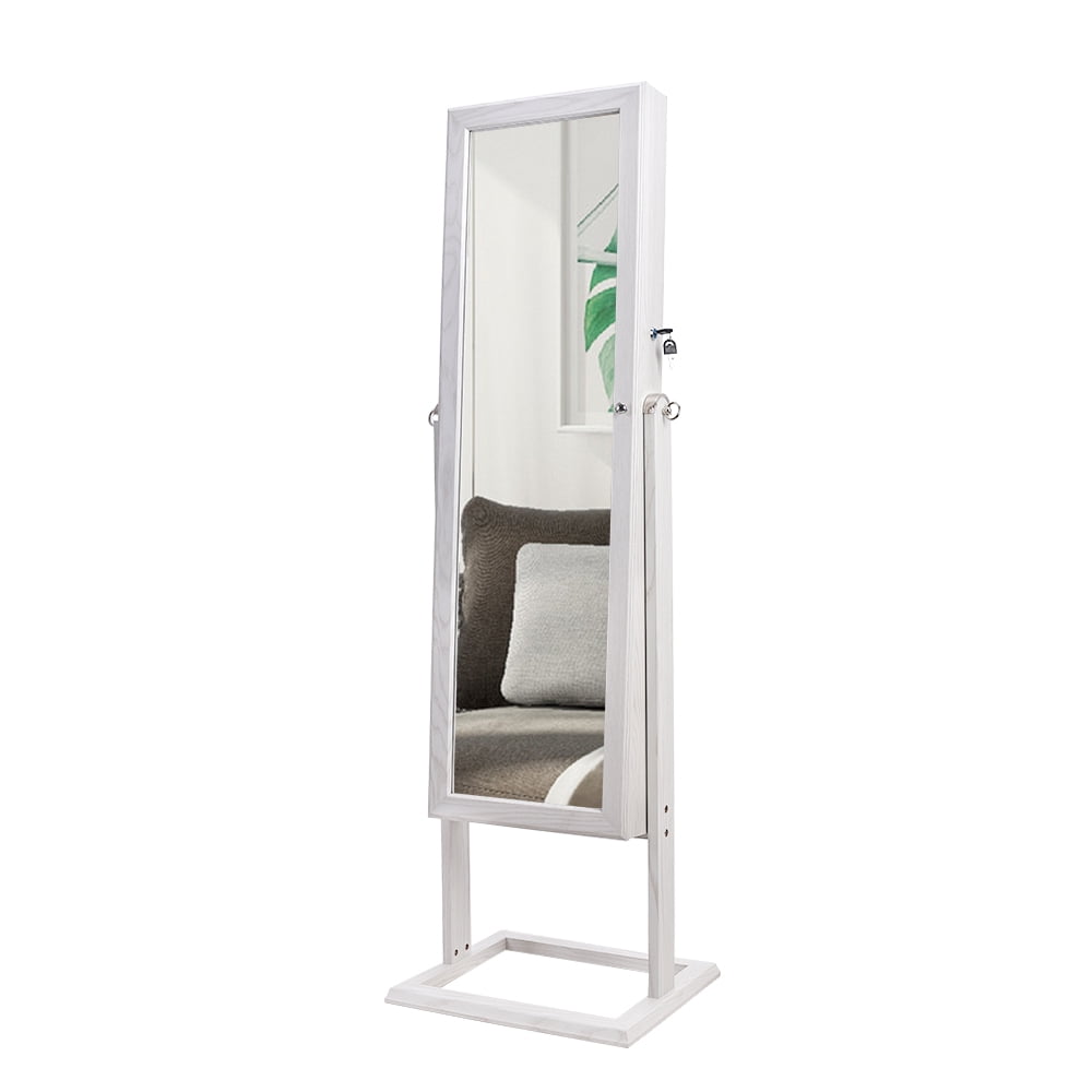 Wood Grain Square Jewelry Storage, Dressing Mirror Cabinet with LED Light, White