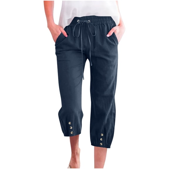 snilers Womens Capris Pants High Waist Drawstring Comfy Casual Trousers Buttons Trim Sweatpants with Pockets