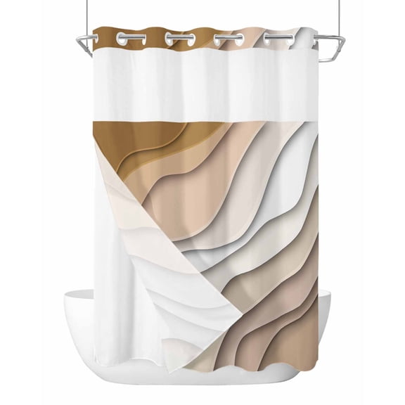 No Hook Shower Curtain with Snap-in Liner, Beige Ombre Waterproof Fabric Bathroom Curtains, Modern Geometric Abstract Aesthetic Cream Bath Curtains & Mesh Top Window Stand Up Stall 72"x96" Extra Long