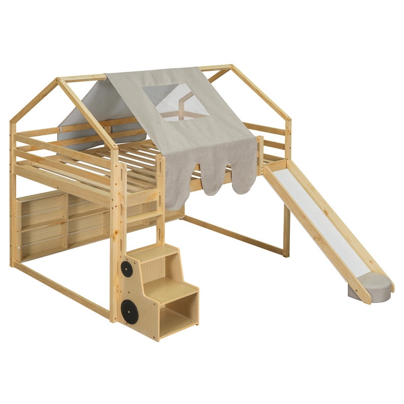 Full Size Wooden Loft Bed with Slide and Tent, House-Shaped Frame Kids Loft Bed with Ladder, Under-Bed Storage Shelves and Toy Organizer, Playhouse Bed for Bedroom