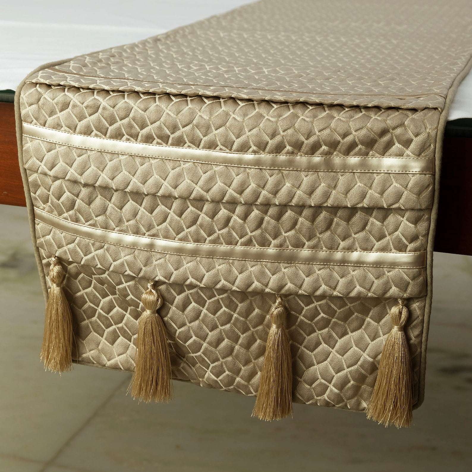 Decorative Gold Table Runner 8 Seater Table Runner (16 x 108 inch), Mosaic, Tassels, Pintucks & Textured Table Runner, Silk fabric Table Linen, Geometric Pattern Modern - Mosaic Decor