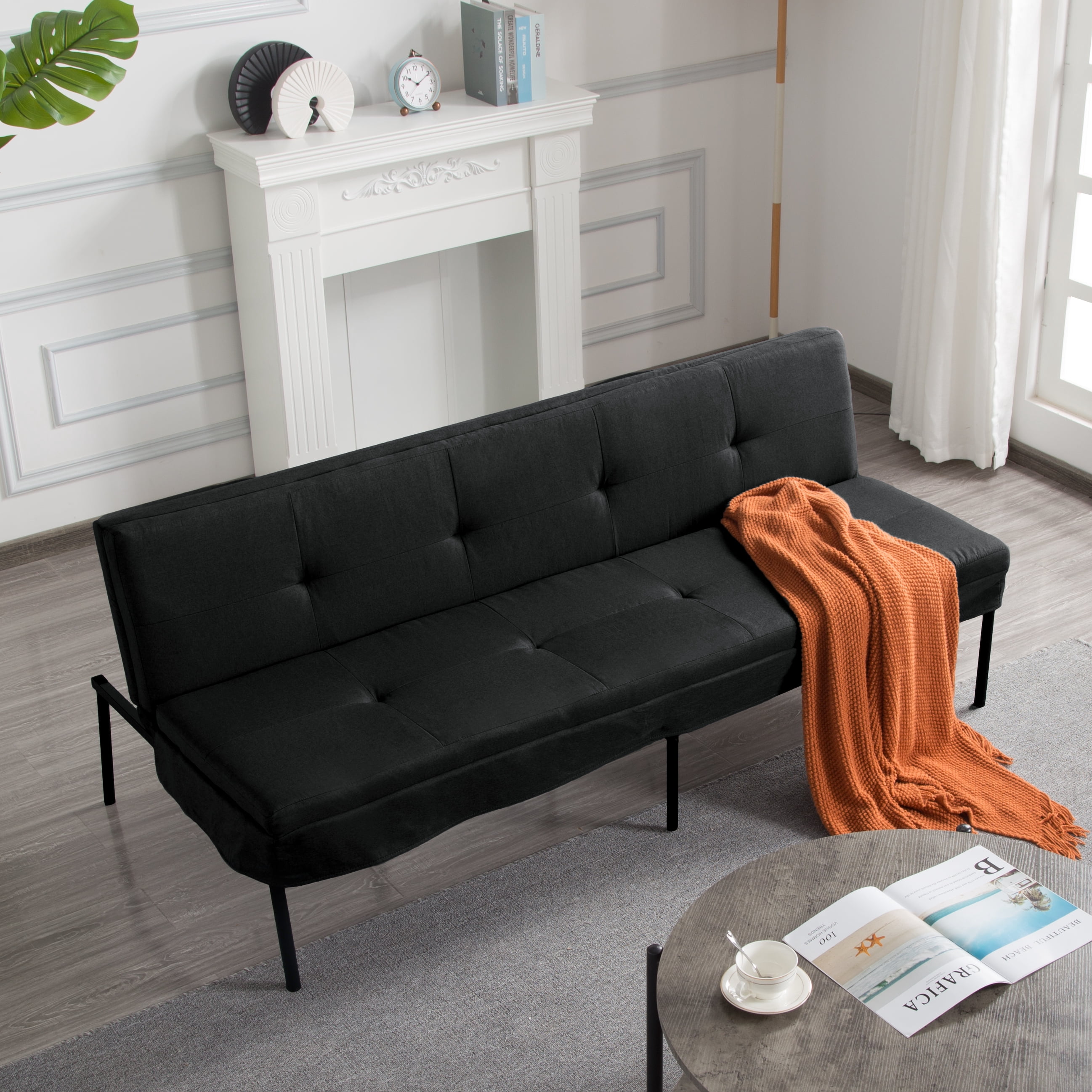Gewnee 69.88'' Futon Sofa Bed,Convertible Sleeper Sofa,5-Position Adjustable Backrest,Modern Polyester Upholstery,All-Iron Frame-for Living Room,Apartment,Office,Dorm.Black