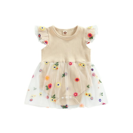 

One opening Baby Girls Summer Floral Romper Fly Sleeve Round Neck Ribbed Knit Tutu Skirt Bodysuit