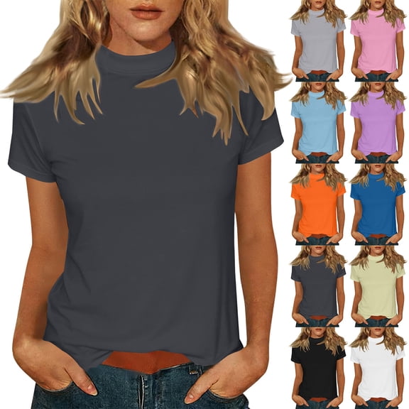VLOOCKLW Solid Color Tops For Women Mock Neck Short Sleeve Casual Dressy Blouse Soft Lightweight Versatile Tops For Everyday Work Street Style