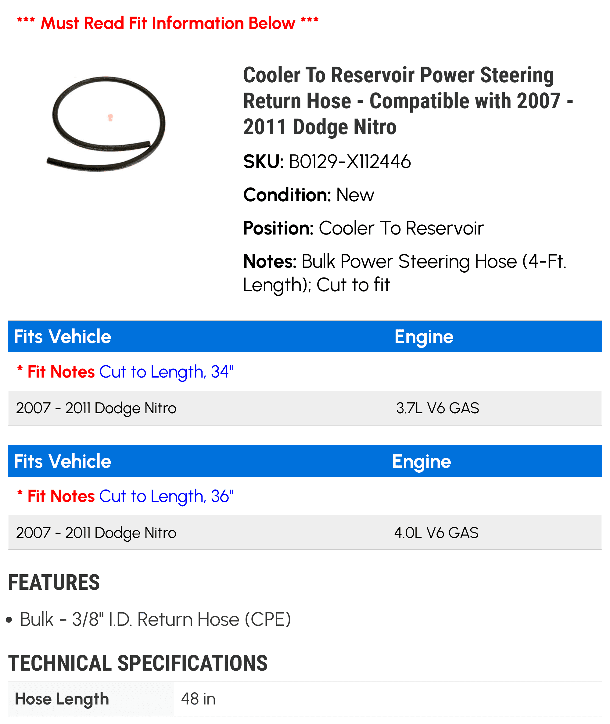 Cooler To Reservoir Power Steering Return Hose - Compatible with 2007 - 2011 Dodge Nitro 2008 2009 2010