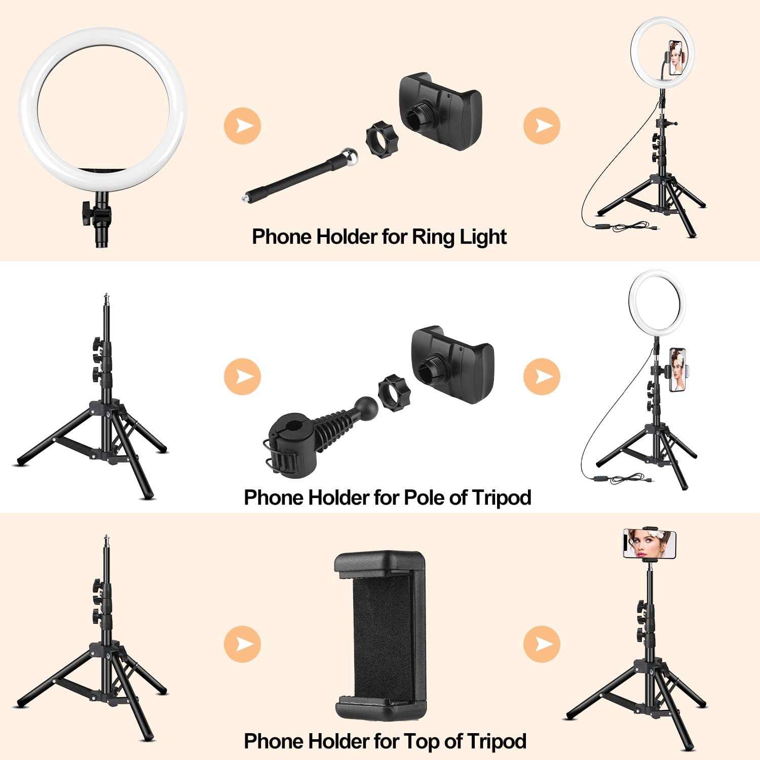 Rovtop 10 inch Ring Light with Stand Tripod, LED, Phone Holder for Selfie Camera Photography Makeup Video Live Streaming
