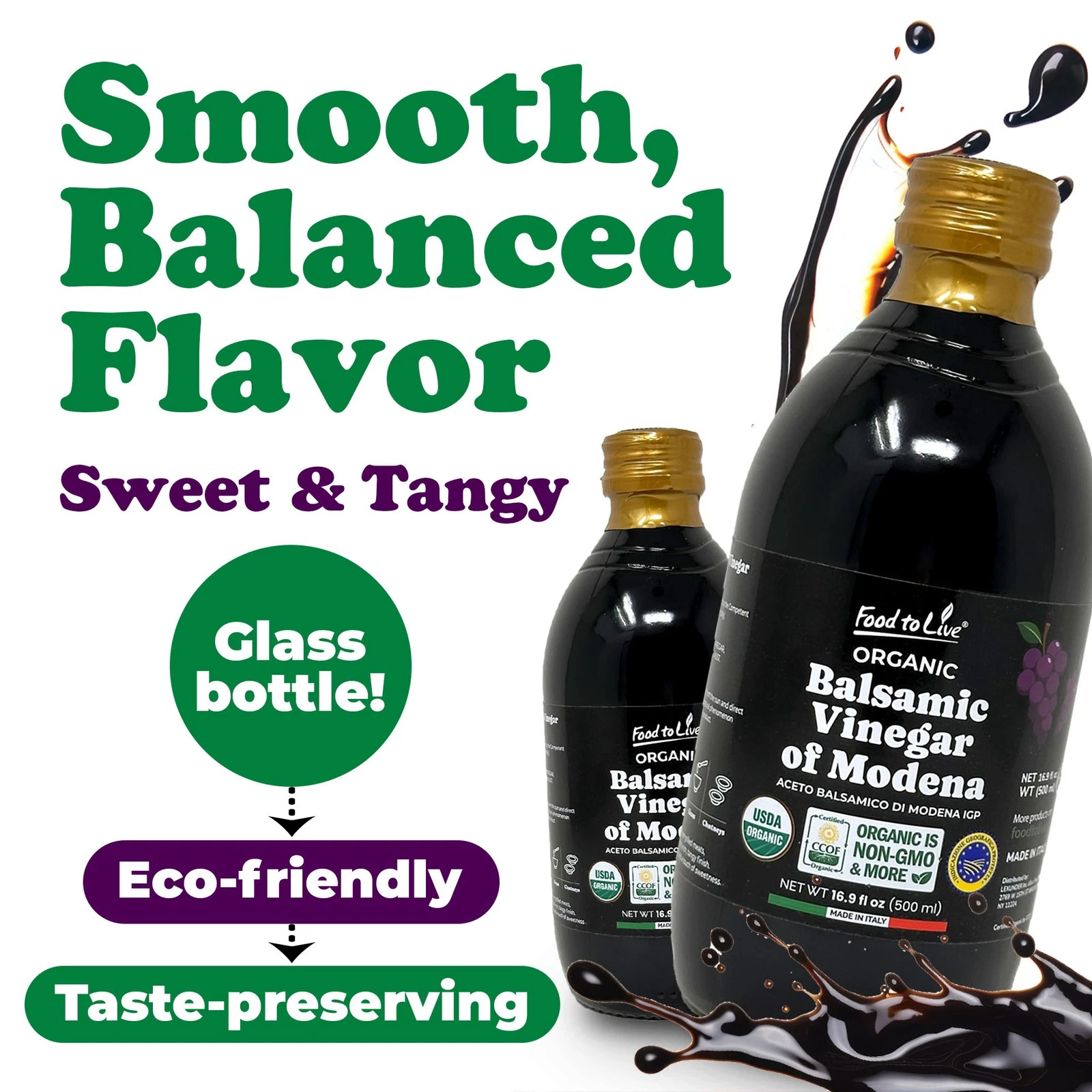 Organic Balsamic Vinegar of Modena, 500 ml – Non-GMO, Vegan (Pack of 3) - by Food To Live