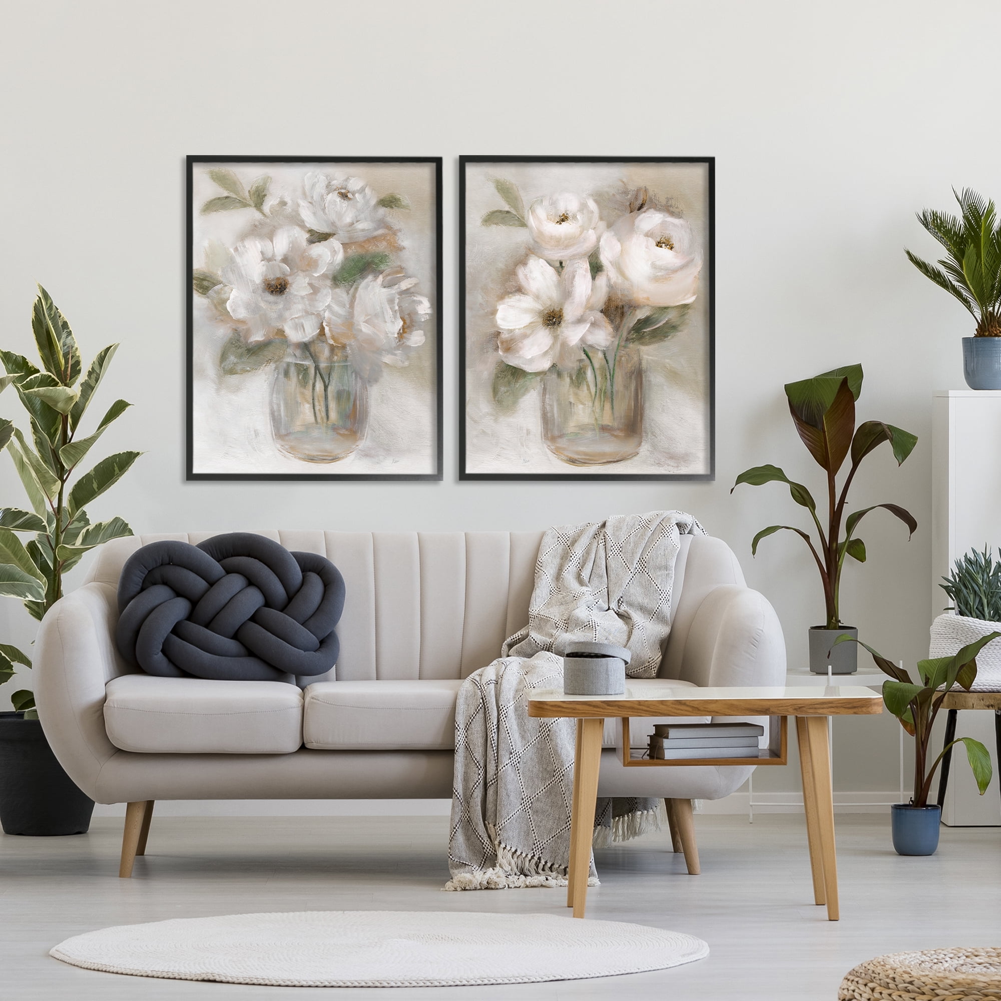 Stupell Industries Brushed White & Beige Roses 2 Piece Black Framed Giclee Art Set, design by Nan