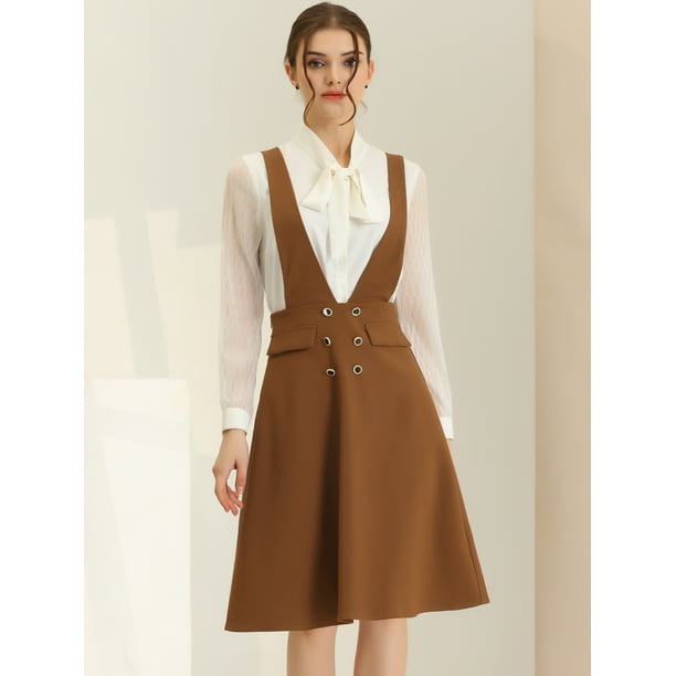 Vestido tipo peto para mujer con tirantes ajustables y falda con tirantes midi Marron L Allegra K Falda