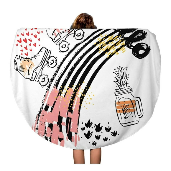 POGLIP 60 inch Round Beach Towel Blanket Abstract Hello Lettering Arrows Retro Roller Skates Pineapple Smoothie Travel Circle Circular Towels Mat Tapestry Beach Throw