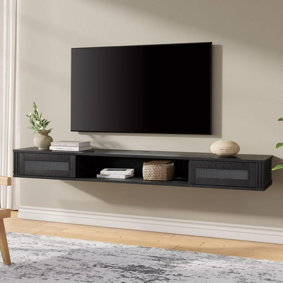 FITUEYES Modern Floating TV Stand with Power Outlet, 70 inch Wall Mounted Shelf Under TV with 2 Rattan Doors for Living Room, Bedroom,Black