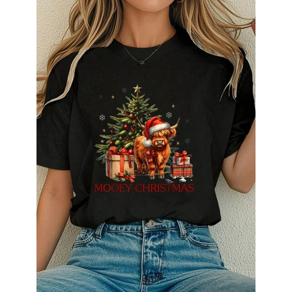 Women Cotton Tshirt Mooey Christmas Santa Highland Cow Santa Xmas Tree Pajamas T-Shirt Comfort Tshirt Women