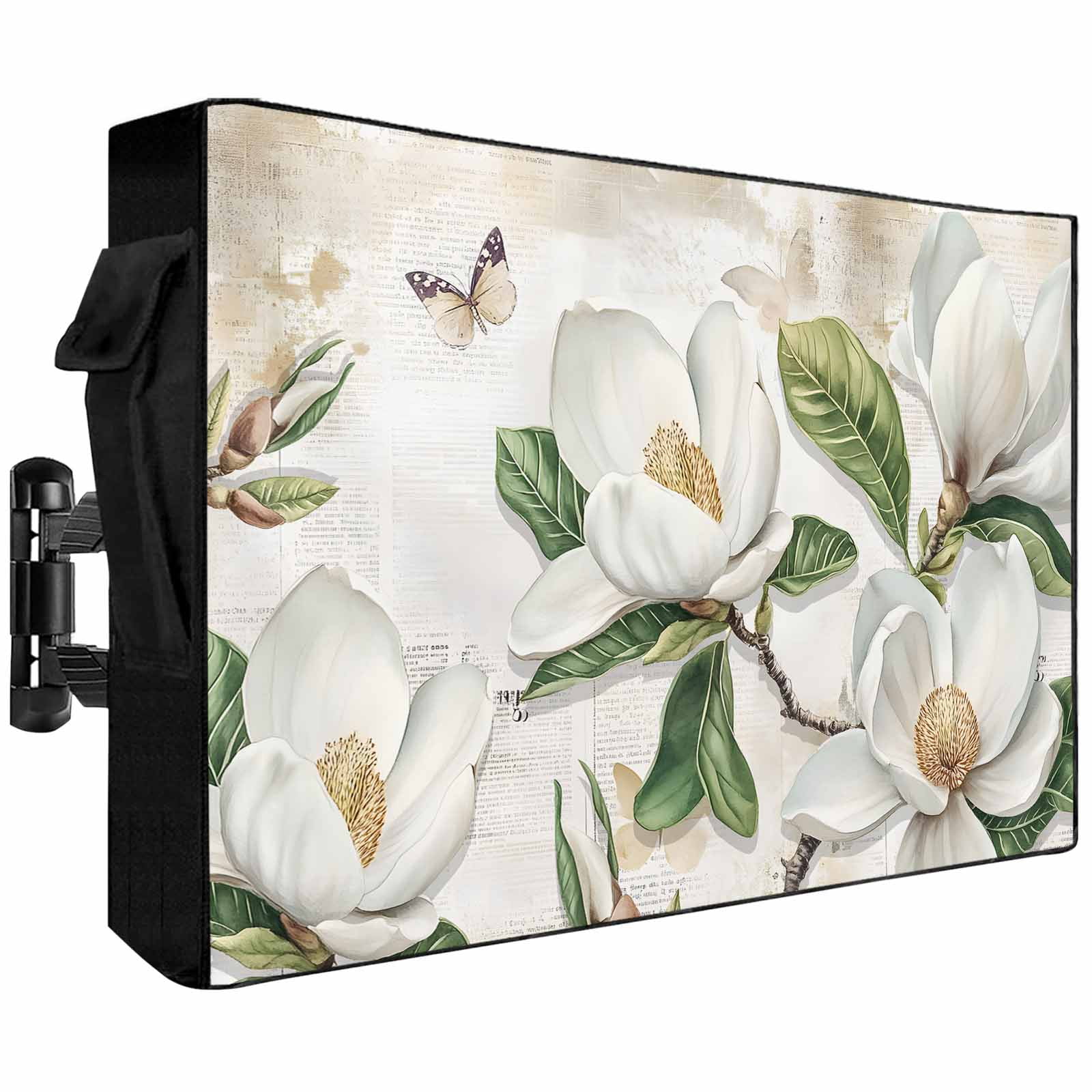 Outdoor TV Cover Retro Magnolia on Newspaper Weatherproof Waterproof Outside TV Protector with Zipper,Butterfly White Floral Green Leaf Smart Television Screen Cover for 52 to 55Inch Screens