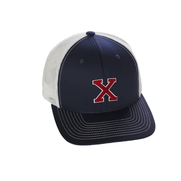 Structured Trucker Mesh Hat Custom Colors Letter X Initial Baseball Mid Profile (Navy White White Red)