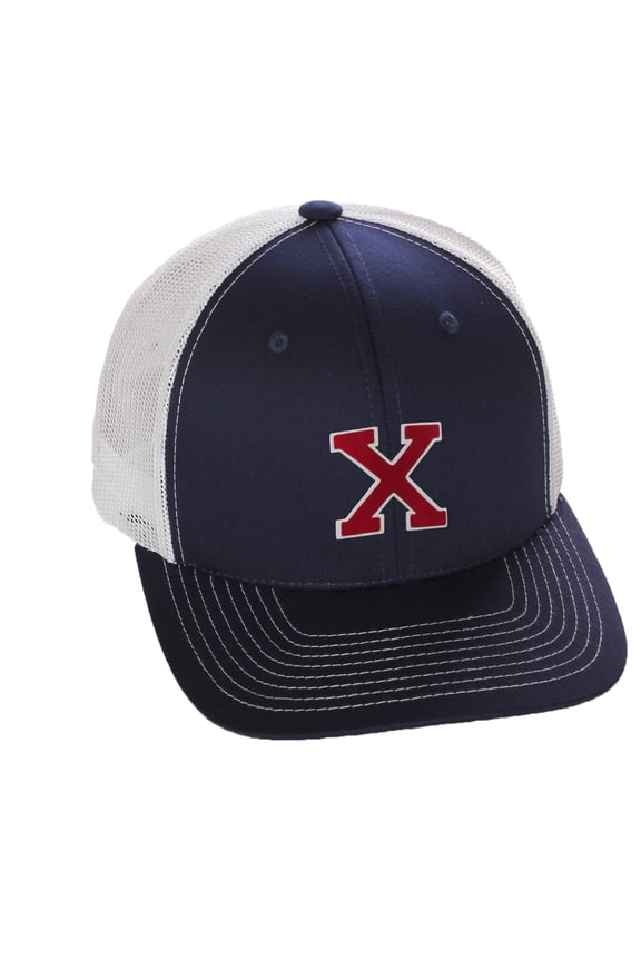 Structured Trucker Mesh Hat Custom Colors Letter X Initial Baseball Mid Profile (Navy White White Red)