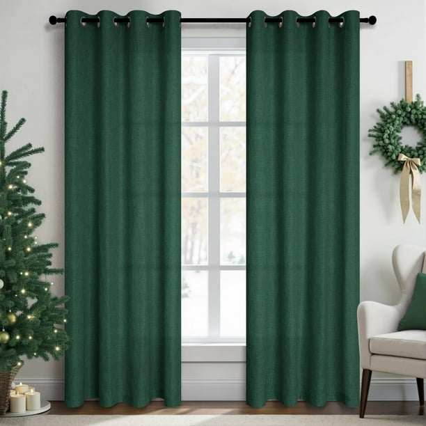 Cortinas Pitalk de lino verde bosque semitransparente, 240 x 260 cm, 2 paneles