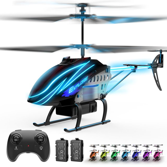 helicóptero rc bussgo para niños con baterías flight 2 de 30 minutos Multicolor helicóptero RC para niños en vista frontal 3/4 con doble rotor en movimiento, fuselaje negro con franjas LED azules que muestran la palabra Explore, tren de aterrizaje en arco y estabilizador de cola; control remoto negro y dos baterías modulares visibles, más fila de modelos multicolor pequeña en la parte inferior. Diseñado para vuelo interior con retención de altitud y giroscopio; a menudo usado para prácticas de coordinación mano-ojo y demostraciones de luz.