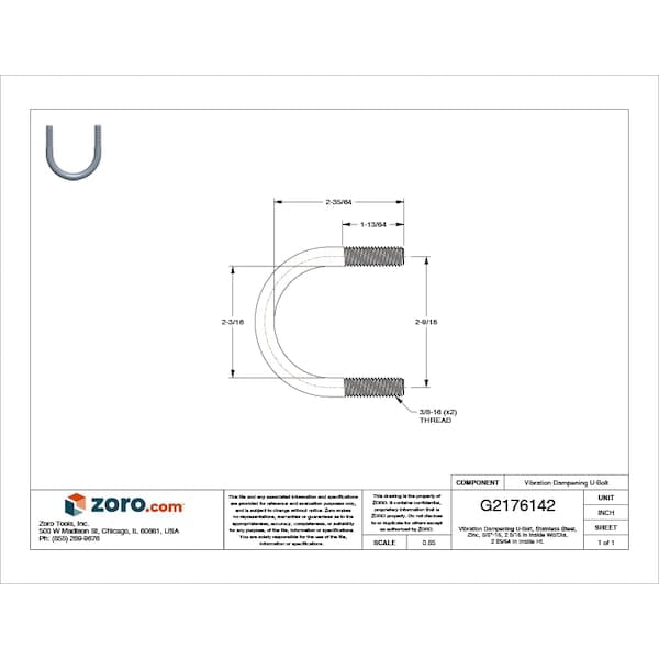 Vibration-Dampening U-Bolt, 3/8"-16, 2 3/16 in W, 2 35/64 in H, Plain Stainless Steel UB1-1/4PA6