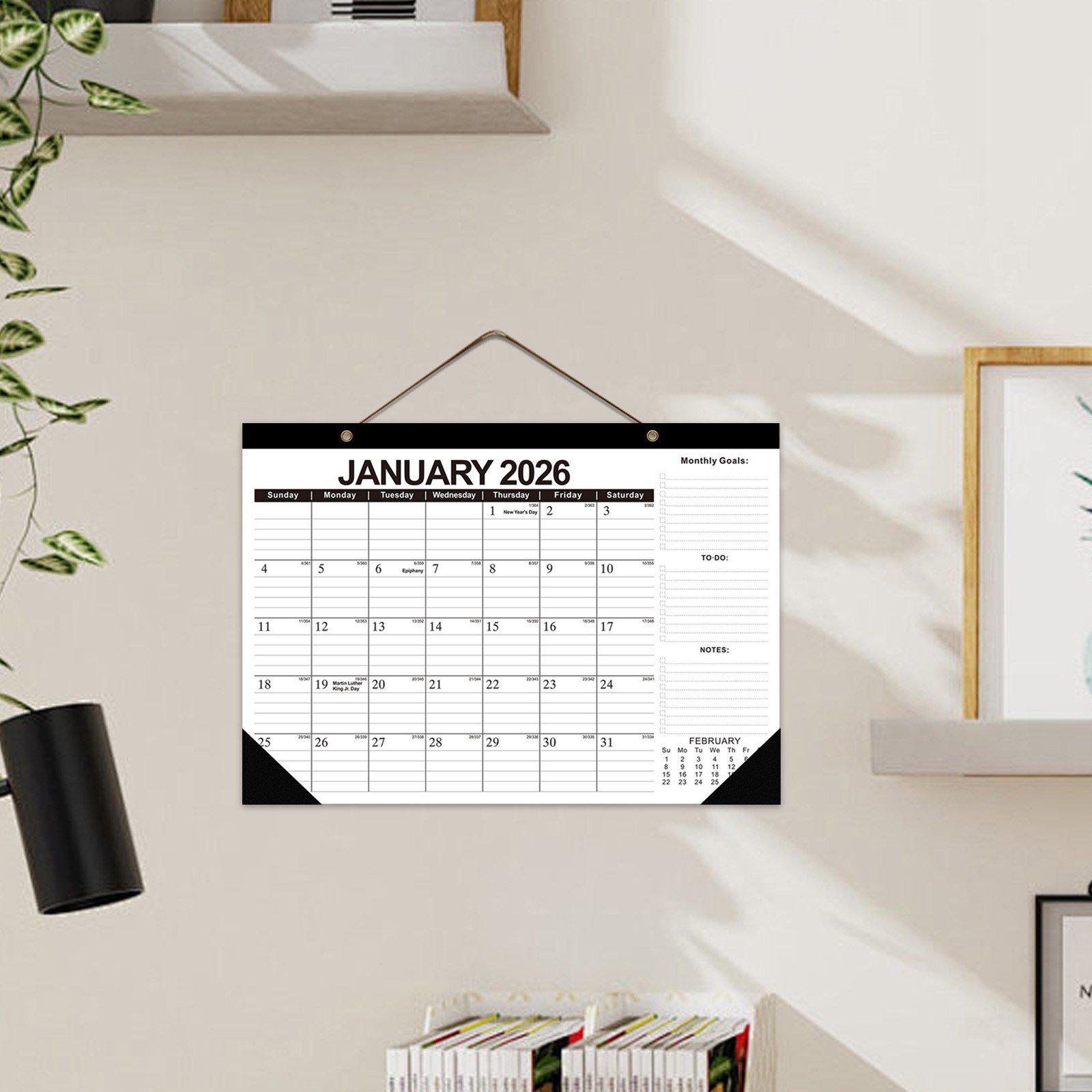 SMKE 2026 Wall Calendar Full-Year Planner Thick Acid-Free Paper Holiday-Marked Calendar Easy-Hang Ample Writing Space Durable Hanging Accessory Self-Adhesive Wall Mount Foldable Organizer E