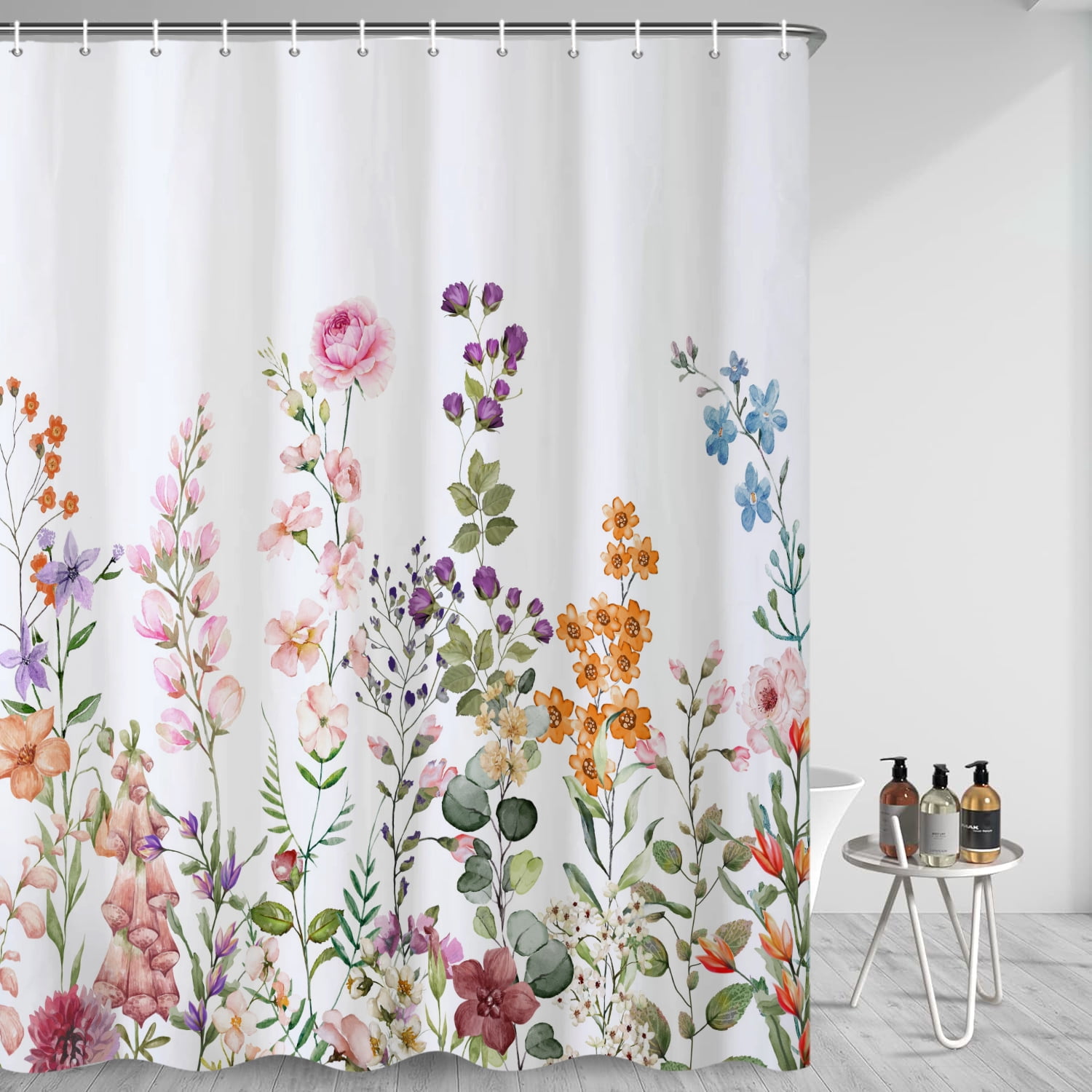 SUNOLIFE Floral Plants Shower Curtain,Spring Botanical Flowers Waterproof Fabric Bathroom Curtain with Hooks,72x78 in
