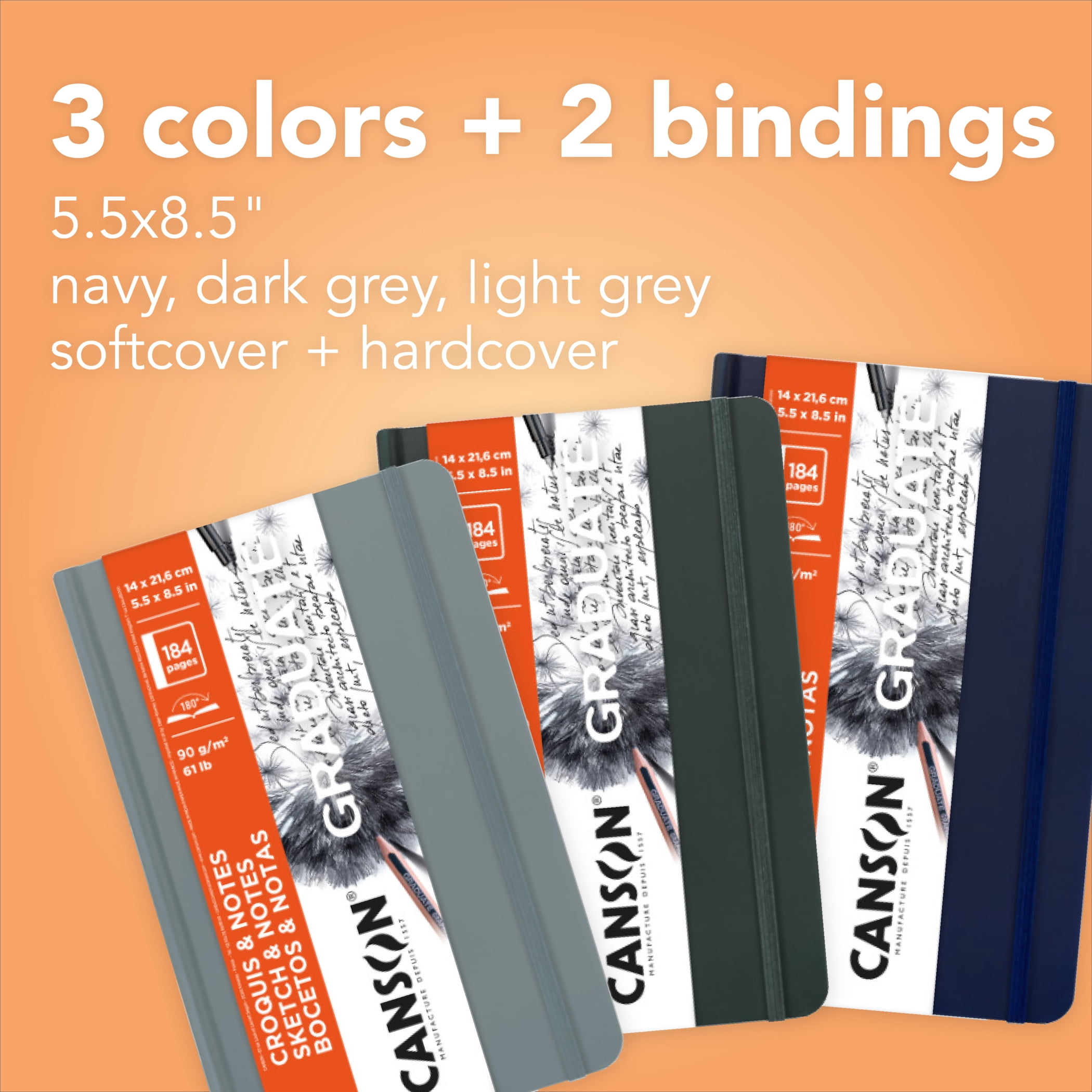 Canson Graduate Sketch & Notes Art Book, Light Gray, Soft Cover Binding, 92 Sheet, 5.5x8.5 inch, Pack of 5