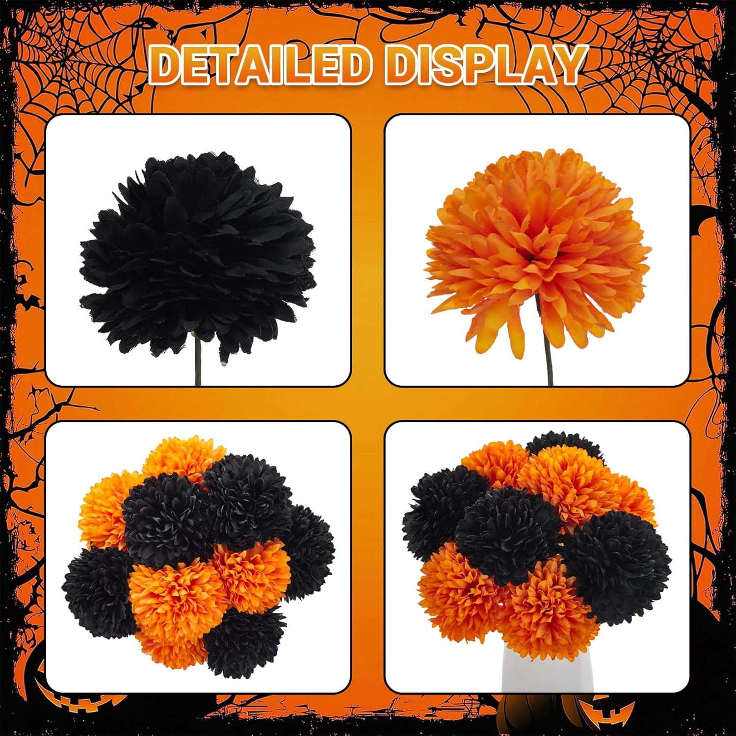 20 Pcs Mums Artificial Flowers, Fake Fall Flowers with 2 White Vases, Silk Chrysanthemum Centerpiece Table Decorations for Halloween, Gothic Wedding, Christmas, Home Decor, Black & Orange