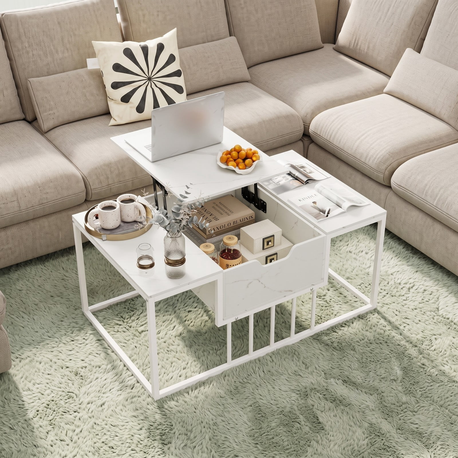 Furnibear Lift Top Coffee Table with Hidden Storage Compartment, Modern Center Table for Living Room, Adjustable Height Rising Tabletop, Engineered Wood and, White