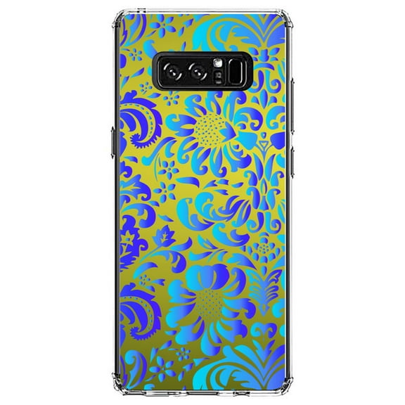 DistinctInk Clear Shockproof Hybrid Case for Samsung Galaxy Note 8 - TPU Bumper, Acrylic Back, Tempered Glass Screen Protector - Green Blue Teal Floral Pattern
