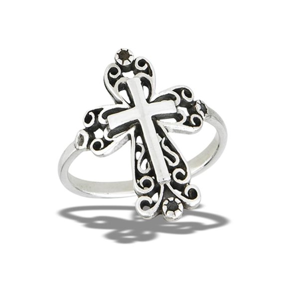 Victorian Filigree Cross Promise Ring .925 Sterling Silver Band Jewelry Female Male Unisex Size 9