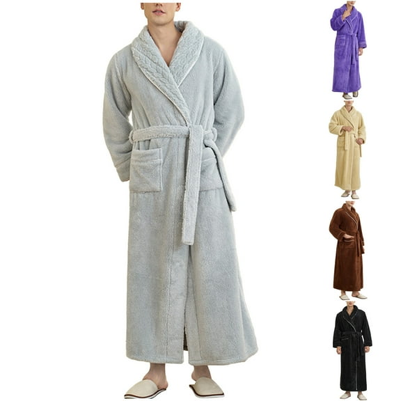 AnuYalue Fleece Bathrobe for Mens Casual Loose Fit Nightgown V Neck Long Sleeve Sleepwear with Pockets