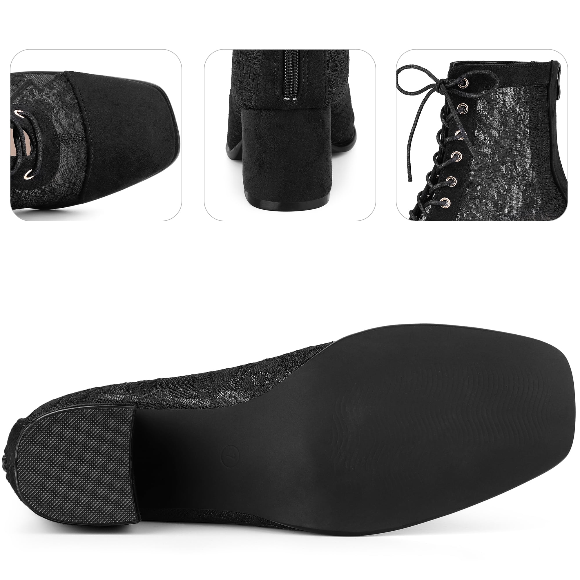 DARING DIVA Square Toe Flowers Lace Block Heels Ankle Boots Black 8