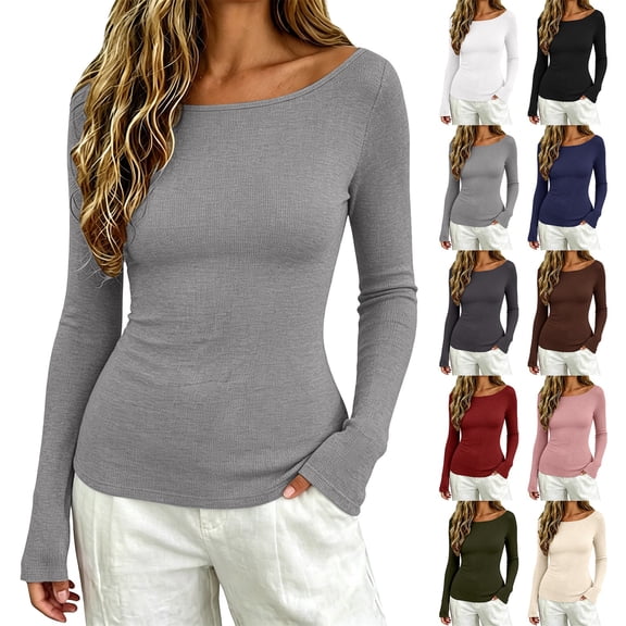 ZDNIXIAN Women Off Shoulder Long Sleeve Basic Tops Ribbed Knit Slim Fitted Blouse, Elegant Boat Neck Form Fitting Shirt, Stretchy Soft Casual Long Sleeve Tees