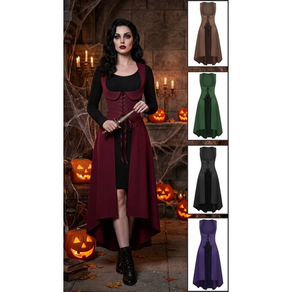 Women Medieval Dress Sleeveless Lace Up Pirate Maxi Dressed with Corset High Low Halloween Cosplay Costume