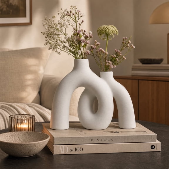 White Decorative Vase Set - Modern Nordic Boho Style Vases Home Decor, Matte Ceramic Decorations for Living Room Shelf Bookshelf Mantle Entryway Table