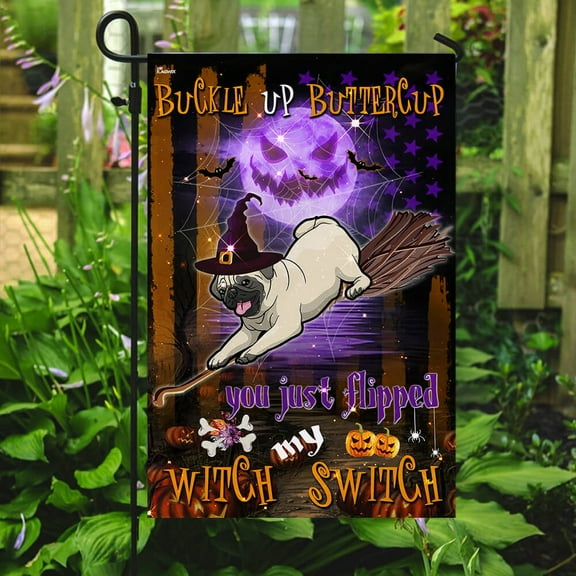 Flagwix Halloween Flag, Pug Witch Switch Halloween Decoration, Fall Decor, Canvas Double-sided Printed 12x18 Garden Flag