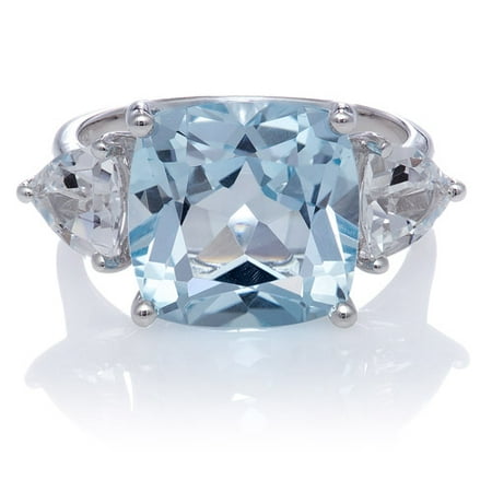 Blue Topaz Cushion-Cut with White Topaz Trillions Sterling Silver Ring, Size 7