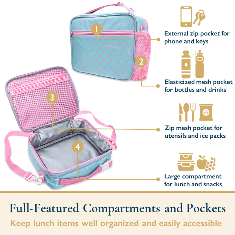 Kids Pu Laser Mermaid Lunch Box With Insulated Soft Bag, Mini