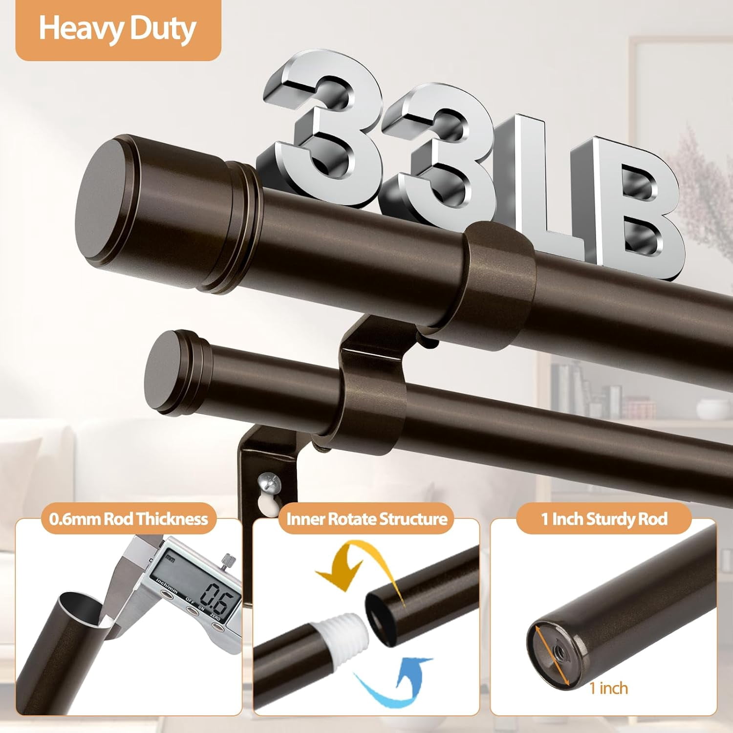 Double Curtain Rod 66 to 120 Inch,  1 Inch Heavy Duty Double Curtain Rods for Windows 54 to 116 Inches(4.5-9.6 ft), Telescoping Drapery Rod with Simple End Finials, Bronze