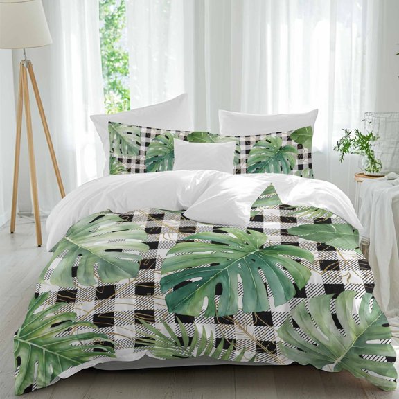 Duvet Cover Twin Size 3 Piece Bedding Set, Farm Tropical Plant on Buffalo Soft Breathable Comforter Cover with 2 Pillow Shams, Monstera Leaf Black White Plaid Luxury Duvet Covers with Zipper Closure