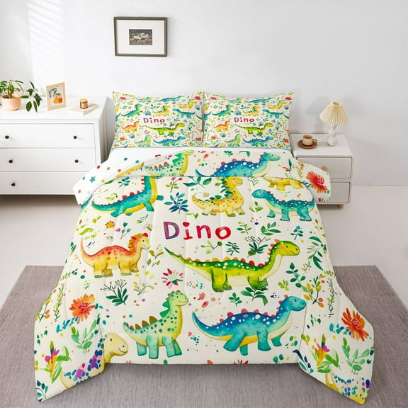 Homewish Safari Animaml Dinosaur Bedding Comforter Set,Watercolor Graffiti Dino Twin Comforter Sets,Beige Green Blue Bedding Set For Boy Kids,Microfiber Bedroom Decor Reversible,2-Piece