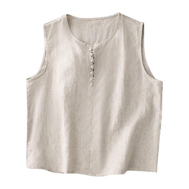 Camisole Sans Manches à Encolure Ronde pour Femmes, Débardeur en Imitation Lin à Boutons devant, Mélange de Polyester, Coupe Décontractée, pour Toutes les Saisons, à la Maison Ou au Quotidien