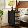 thumbnail image 4 of Tribesigns 3-Drawer Rattan End Table, Solid Wood Sofa Side Table with Vintage Embossed Handles for Living Room, Bedroom, No Assembly, Black & Oak, 4 of 7